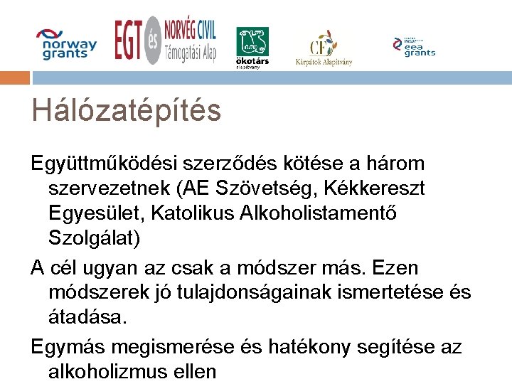 Hálózatépítés Együttműködési szerződés kötése a három szervezetnek (AE Szövetség, Kékkereszt Egyesület, Katolikus Alkoholistamentő Szolgálat)