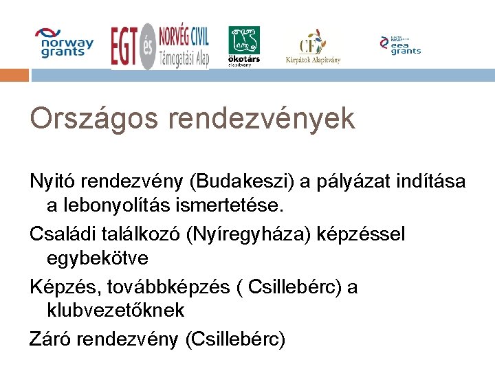 Országos rendezvények Nyitó rendezvény (Budakeszi) a pályázat indítása a lebonyolítás ismertetése. Családi találkozó (Nyíregyháza)