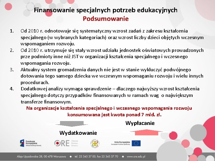 Finansowanie specjalnych potrzeb edukacyjnych Podsumowanie 1. 2. 3. 4. Od 2010 r. odnotowuje się