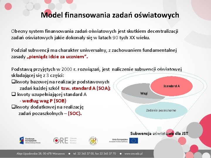 Model finansowania zadań oświatowych Obecny system finansowania zadań oświatowych jest skutkiem decentralizacji zadań oświatowych