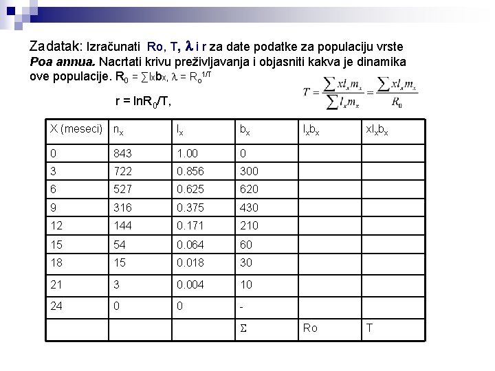 Zadatak: Izračunati Ro, T, i r za date podatke za populaciju vrste Poa annua.