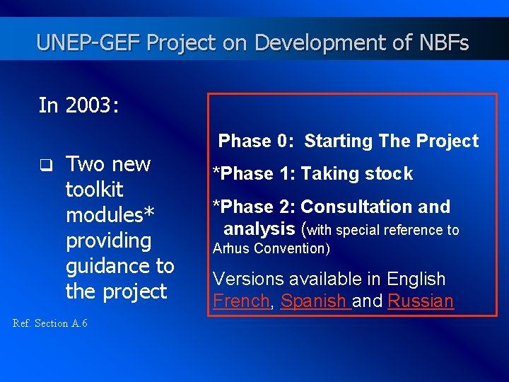 UNEP-GEF Project on Development of NBFs In 2003: q Two new toolkit modules* providing