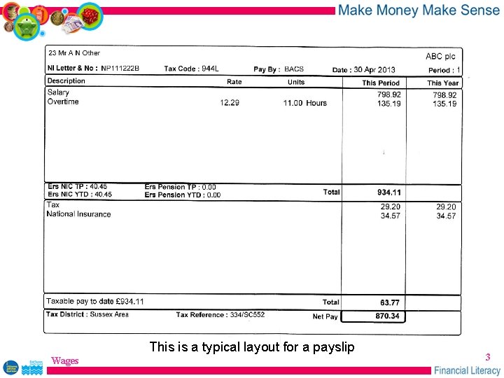 This is a typical layout for a payslip Wages 3 