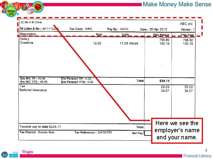 Here we see the employer’s name and your name. Wages 4 