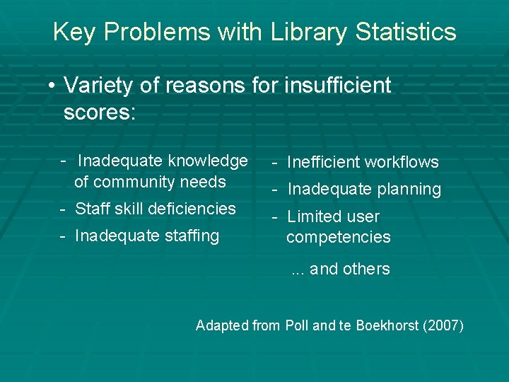 Key Problems with Library Statistics • Variety of reasons for insufficient scores: - Inadequate