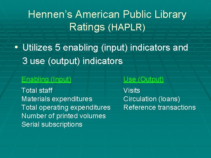 Hennen’s American Public Library Ratings (HAPLR) • Utilizes 5 enabling (input) indicators and 3