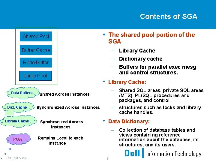 Contents of SGA Shared Pool • The shared pool portion of the SGA –