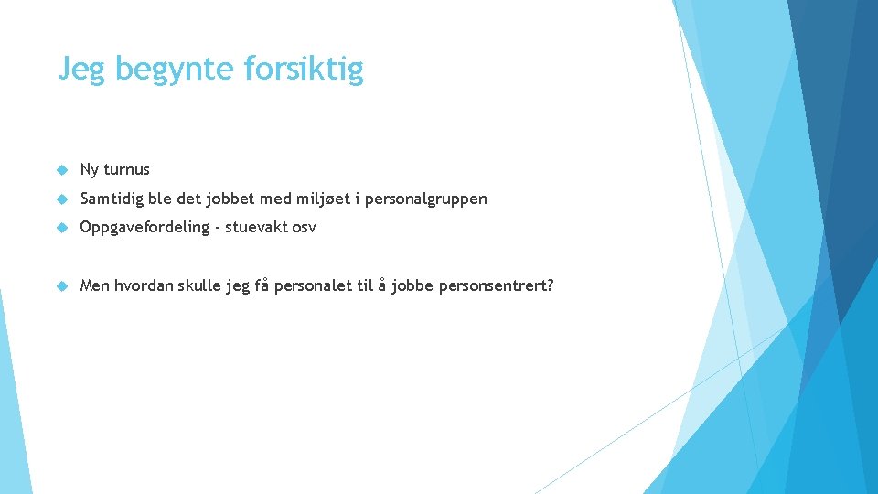 Jeg begynte forsiktig Ny turnus Samtidig ble det jobbet med miljøet i personalgruppen Oppgavefordeling