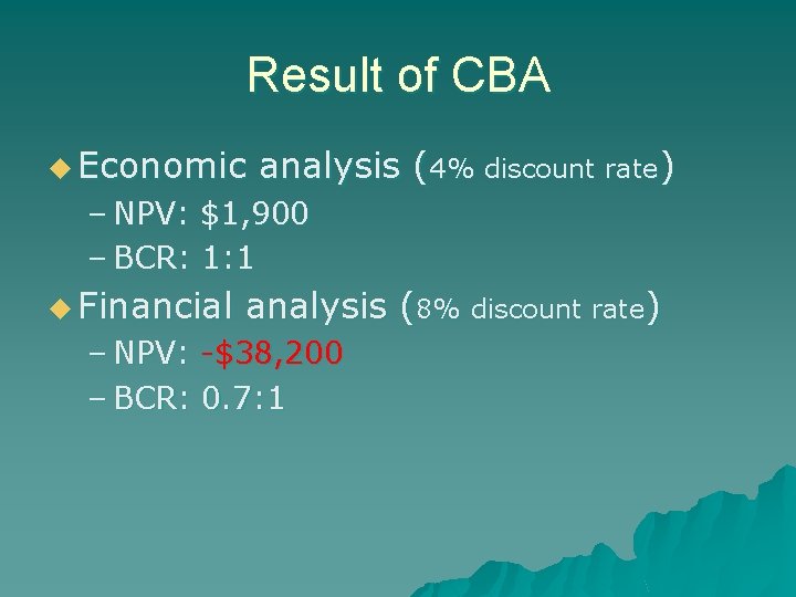 Result of CBA u Economic analysis (4% discount rate) – NPV: $1, 900 –