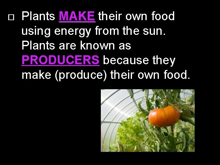  Plants MAKE their own food using energy from the sun. Plants are known