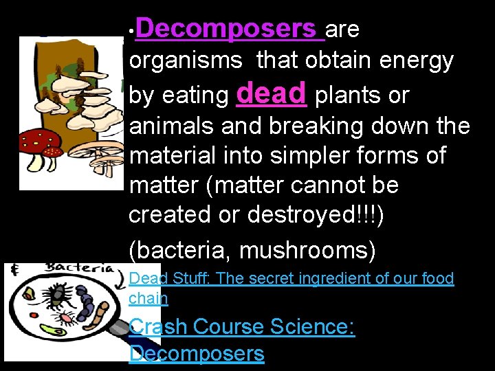  • Decomposers are organisms that obtain energy by eating dead plants or animals