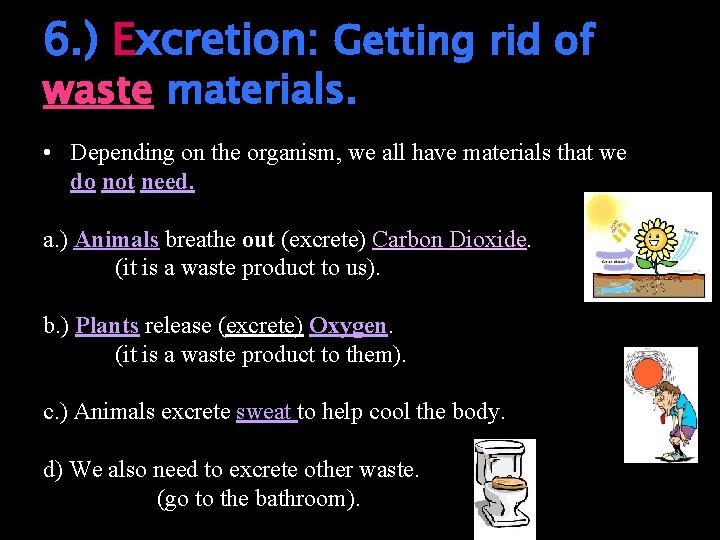 6. ) Excretion: Getting rid of waste materials. • Depending on the organism, we