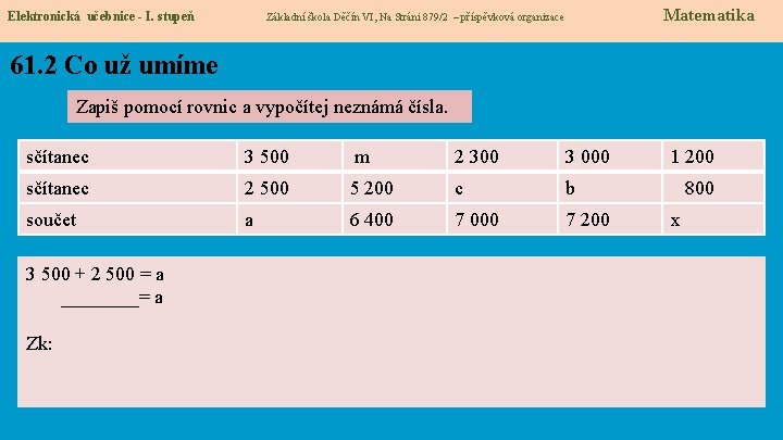 Elektronická učebnice - I. stupeň Matematika Základní škola Děčín VI, Na Stráni 879/2 –