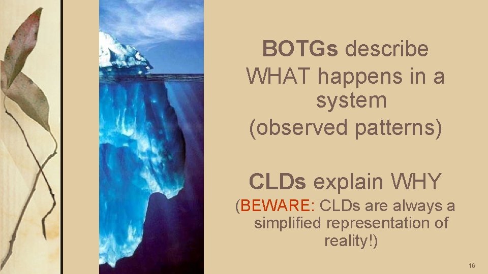 BOTGs describe WHAT happens in a system (observed patterns) CLDs explain WHY (BEWARE: CLDs