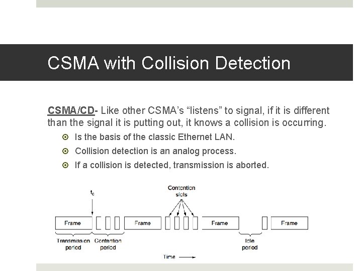 CSMA with Collision Detection CSMA/CD- Like other CSMA’s “listens” to signal, if it is