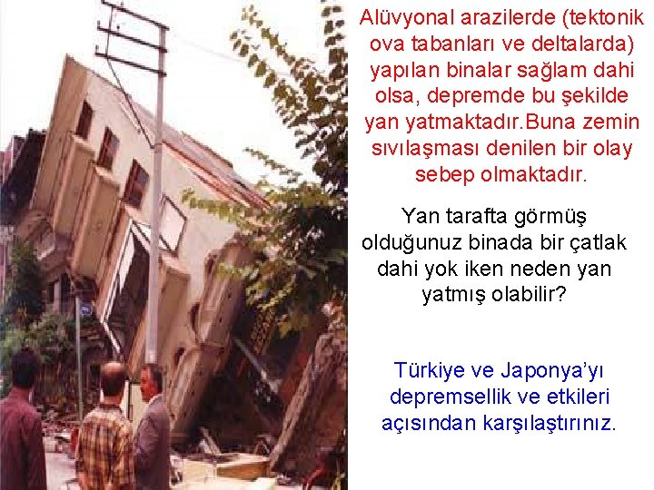 Alüvyonal arazilerde (tektonik ova tabanları ve deltalarda) yapılan binalar sağlam dahi olsa, depremde bu