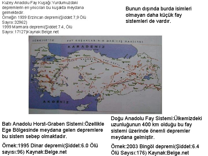 Kuzey Anadolu Fay Kuşağı: Yurdumuzdaki depremlerin en yıkıcıları bu kuşakta meydana gelmektedir. Örneğin 1939