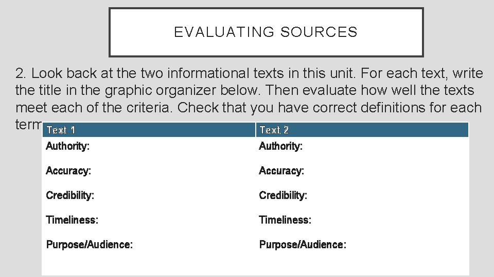 EVALUATING SOURCES 2. Look back at the two informational texts in this unit. For