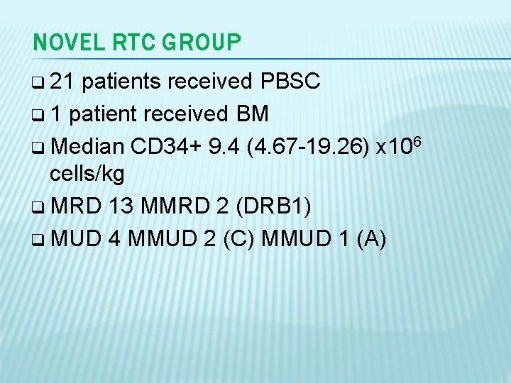 NOVEL RTC GROUP q 21 patients received PBSC q 1 patient received BM q