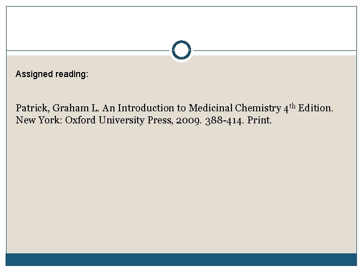 Assigned reading: Patrick, Graham L. An Introduction to Medicinal Chemistry 4 th Edition. New