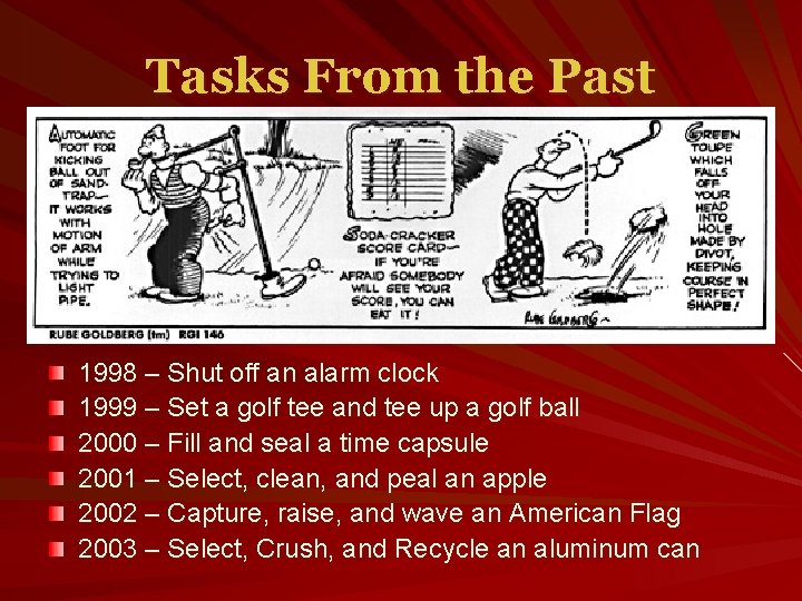 Tasks From the Past 1998 – Shut off an alarm clock 1999 – Set