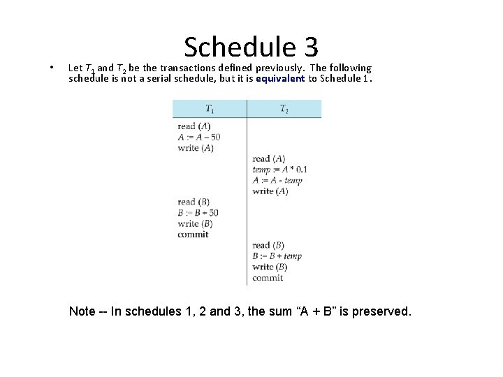  • Schedule 3 Let T 1 and T 2 be the transactions defined