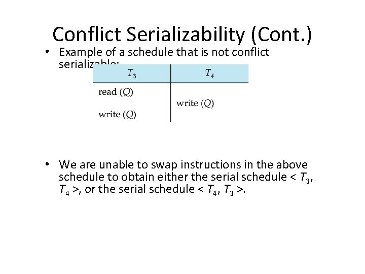 Conflict Serializability (Cont. ) • Example of a schedule that is not conflict serializable: