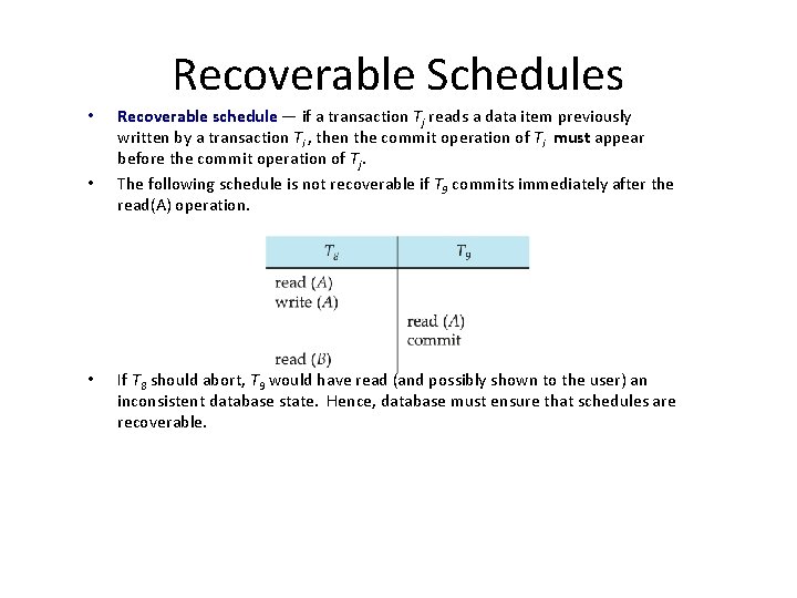 Recoverable Schedules • • • Recoverable schedule — if a transaction Tj reads a