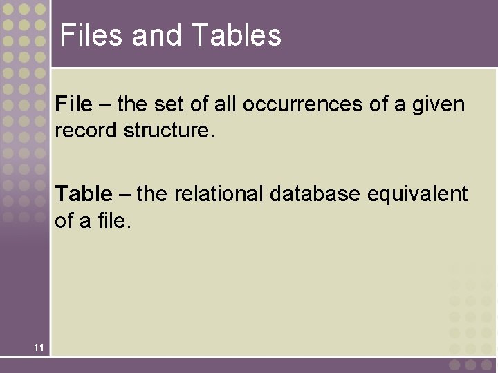 Files and Tables File – the set of all occurrences of a given record