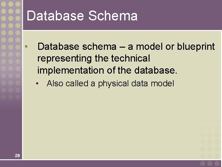 Database Schema • Database schema – a model or blueprint representing the technical implementation Database Schema • Database schema – a model or blueprint representing the technical implementation
