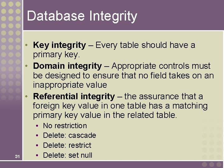 Database Integrity • Key integrity – Every table should have a primary key. • Database Integrity • Key integrity – Every table should have a primary key. •