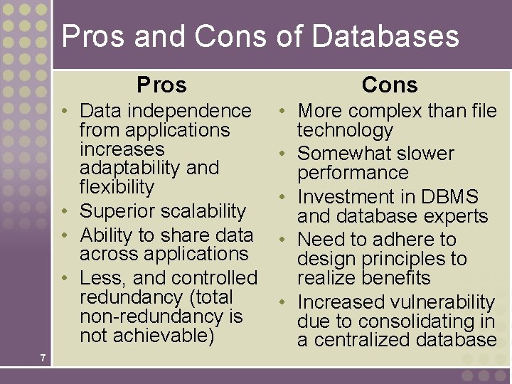 Pros and Cons of Databases 7 Pros Cons • Data independence from applications increases Pros and Cons of Databases 7 Pros Cons • Data independence from applications increases