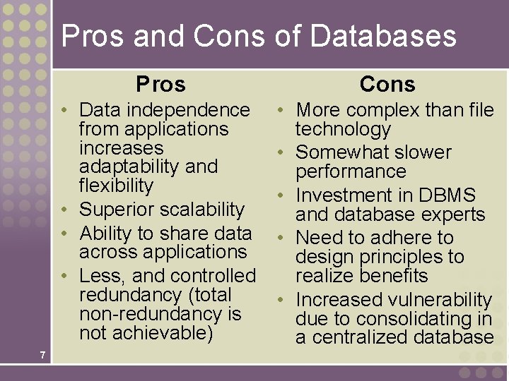 Pros and Cons of Databases 7 Pros Cons • Data independence from applications increases