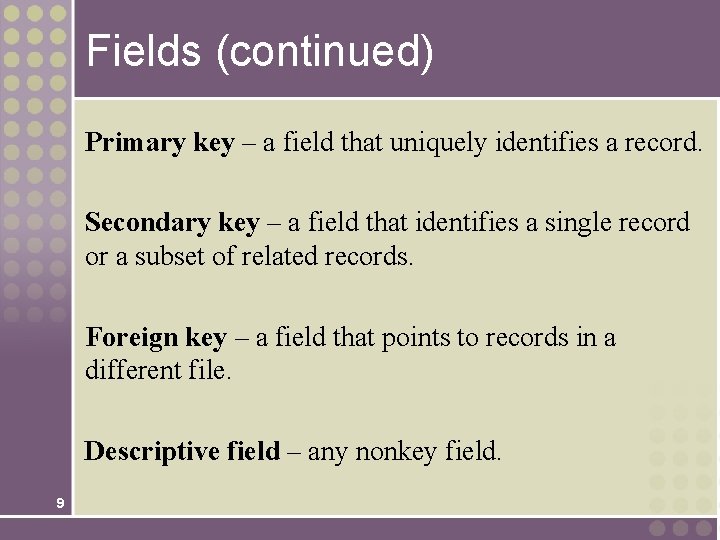 Fields (continued) Primary key – a field that uniquely identifies a record. Secondary key Fields (continued) Primary key – a field that uniquely identifies a record. Secondary key