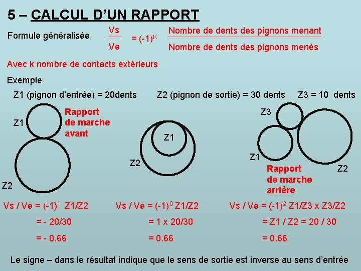 5 – CALCUL D’UN RAPPORT Formule généralisée Vs Ve = (-1)K Nombre de dents