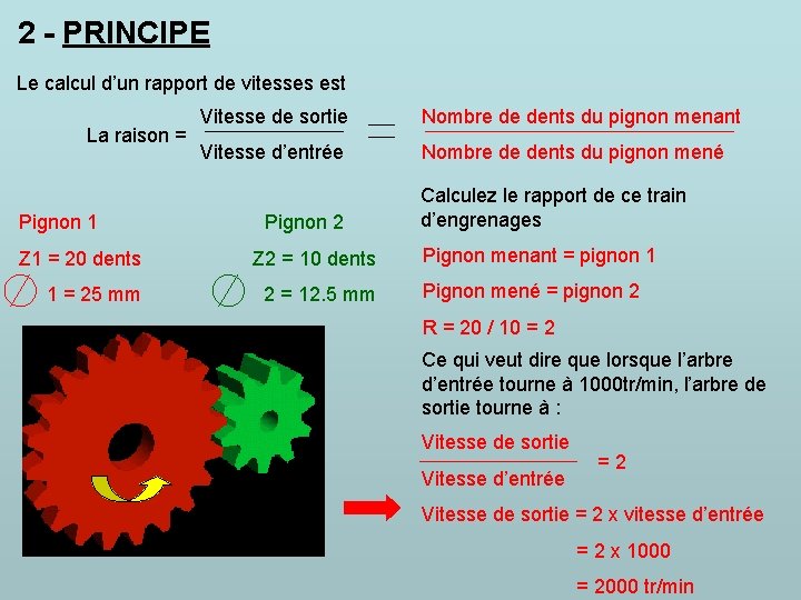 2 - PRINCIPE Le calcul d’un rapport de vitesses est La raison = Pignon