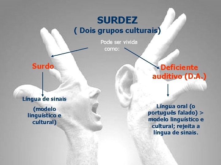  SURDEZ ( Dois grupos culturais) Pode ser vivida como: Surdo Deficiente auditivo (D.