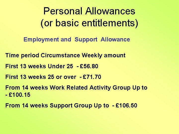 Personal Allowances (or basic entitlements) Employment and Support Allowance Time period Circumstance Weekly amount