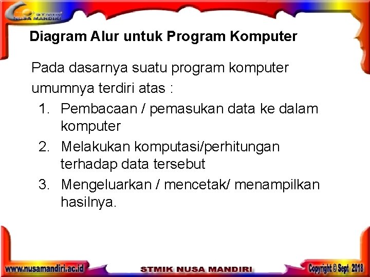 Diagram Alur untuk Program Komputer Pada dasarnya suatu program komputer umumnya terdiri atas :