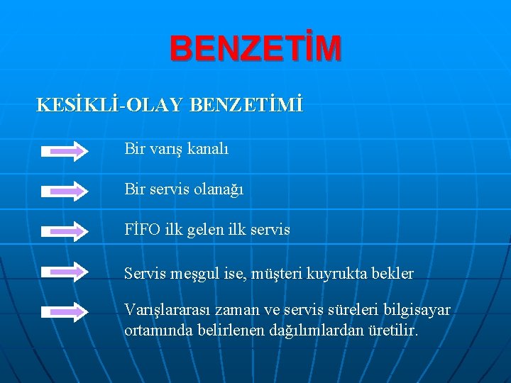 BENZETİM KESİKLİ-OLAY BENZETİMİ Bir varış kanalı Bir servis olanağı FİFO ilk gelen ilk servis