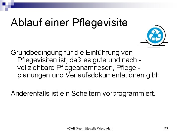 Ablauf einer Pflegevisite Grundbedingung für die Einführung von Pflegevisiten ist, daß es gute und