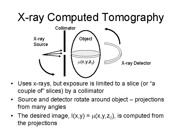 X-ray Computed Tomography Collimator X-ray Source Object m(x, y, z 0) X-ray Detector •