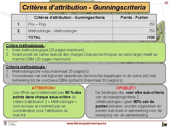 22 Critères d’attribution - Gunningscriteria Points - Punten 1. Prix – Prijs /50 2.