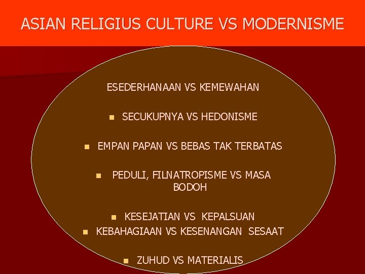 ASIAN RELIGIUS CULTURE VS MODERNISME ESEDERHANAAN VS KEMEWAHAN n n SECUKUPNYA VS HEDONISME EMPAN