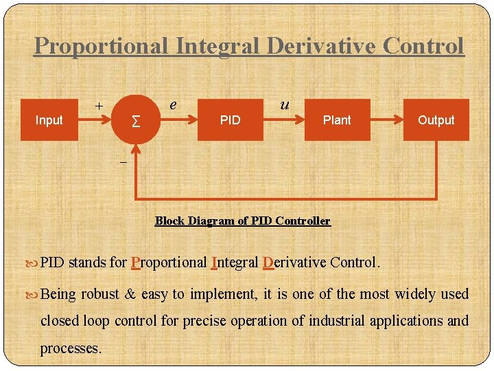 Proportional Integral Derivative Control Input e + ∑ u PID Plant Output _ Block