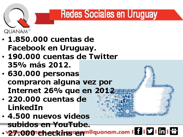 Redes Sociales en Uruguay • 1. 850. 000 cuentas de Facebook en Uruguay. •