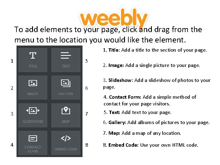 d To add elements to your page, click and drag from the menu to