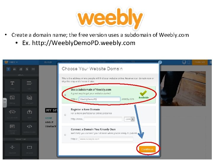 d • Create a domain name; the free version uses a subdomain of Weebly.