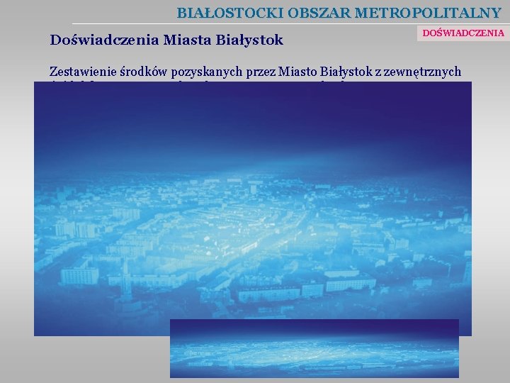 BIAŁOSTOCKI OBSZAR METROPOLITALNY Doświadczenia Miasta Białystok DOŚWIADCZENIA Zestawienie środków pozyskanych przez Miasto Białystok z