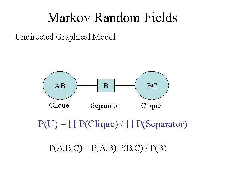 Markov Random Fields Undirected Graphical Model AB B BC Clique Separator Clique P(U) =